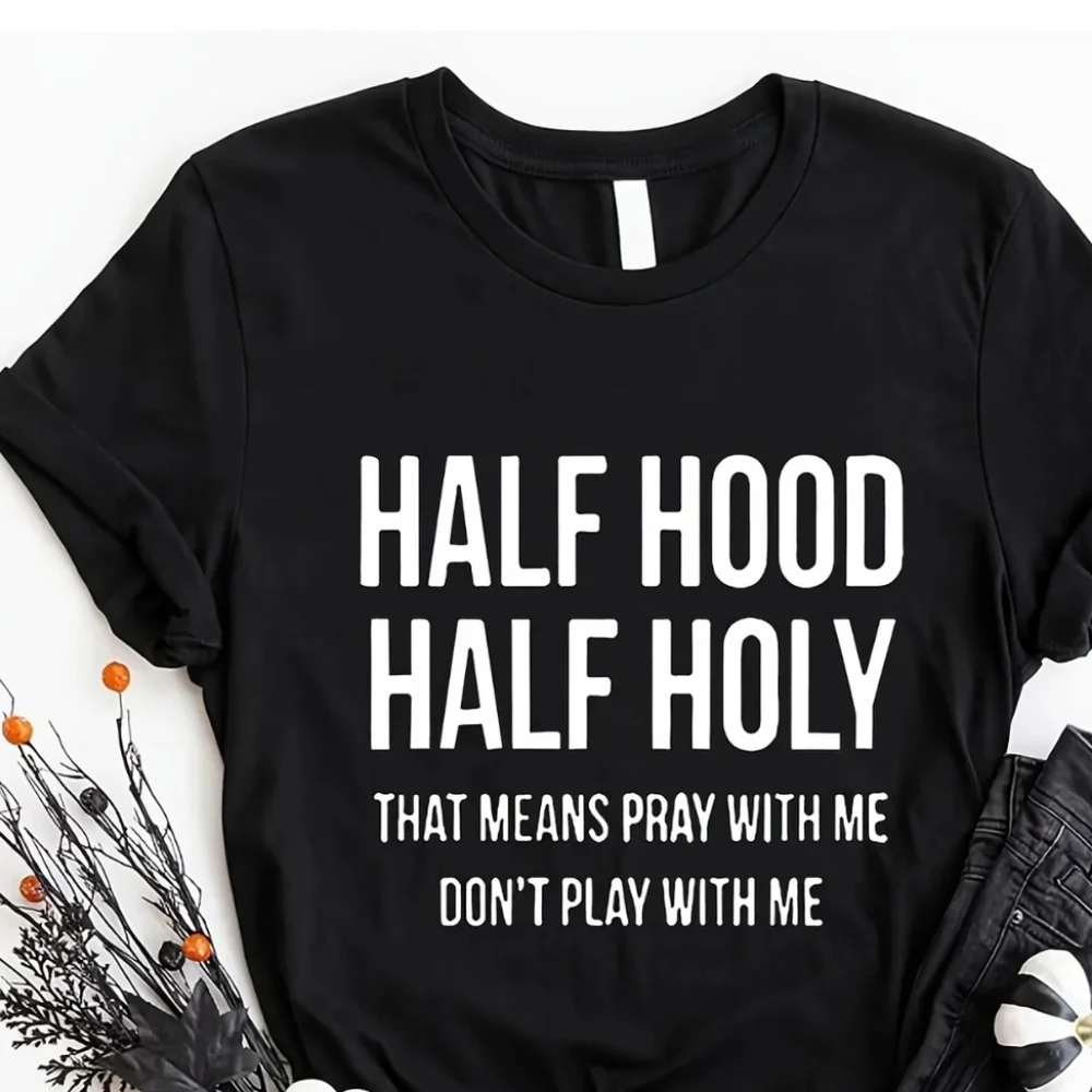 Womens Black / White "Half Hood, Half Holy" Short Sleeve T-shirt - Picture 4 of 5
